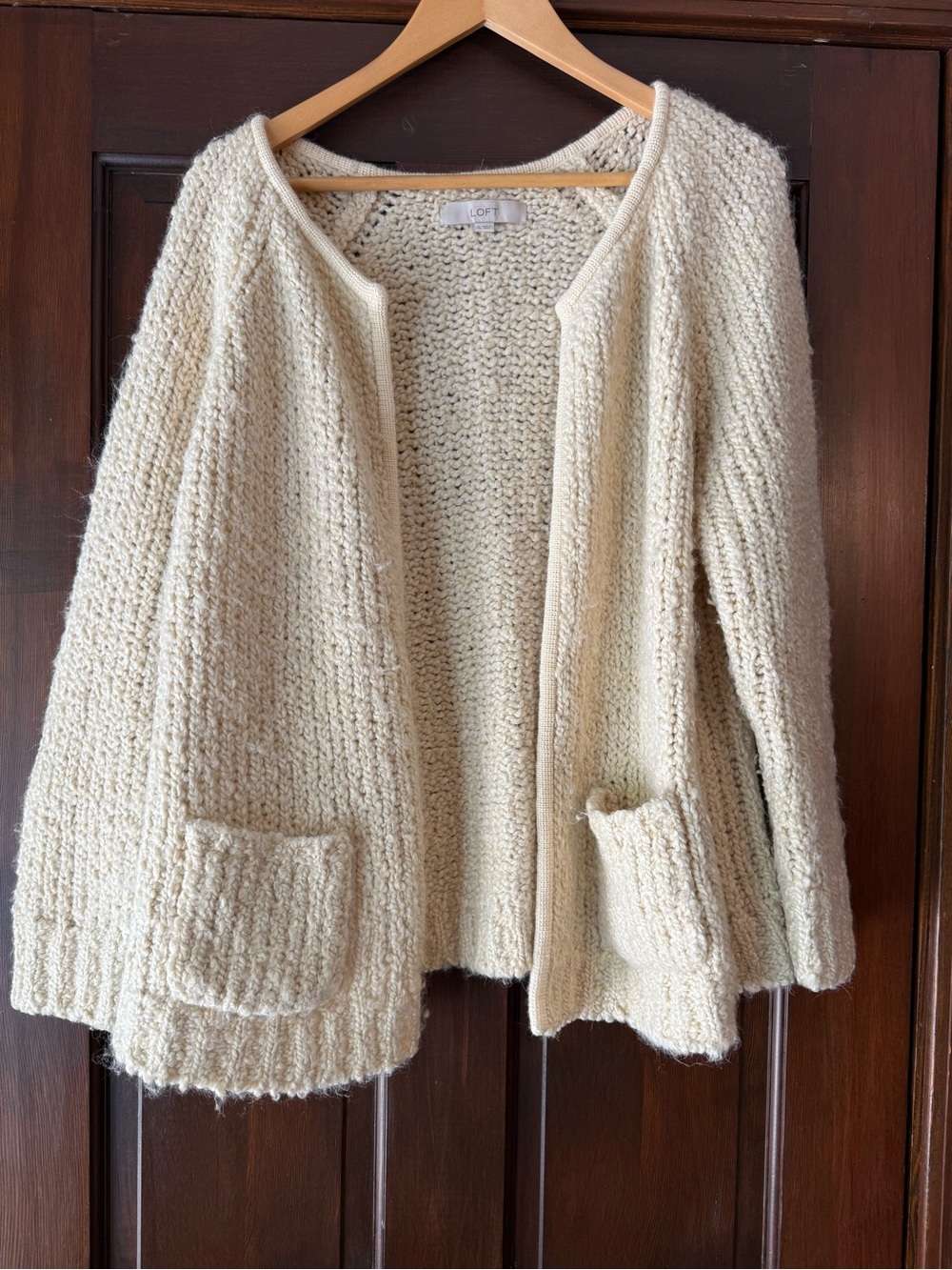 LOFT Cream Open-Front Textured Knit Cardigan